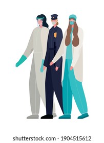 Police woman and doctors with protective suit and mask design, Workers occupation and job theme Vector illustration