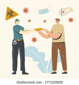 Police Woman Fine Male Character who Violate Isolation and Mask Regime during Covid19 Pandemic Quarantine. Police Patrol Control People due to Global Virus Spreading. Linear People Vector Illustration