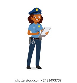 police woman holding notebook and writing