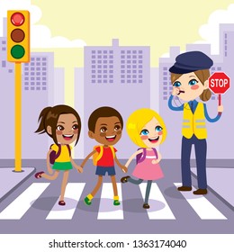 Police woman holding stop sign helping three young children students crossing crosswalk on the city while traffic light is red color