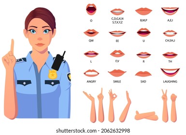 Police Woman Mouth Animation Set And Hand Gestures Premium Vector