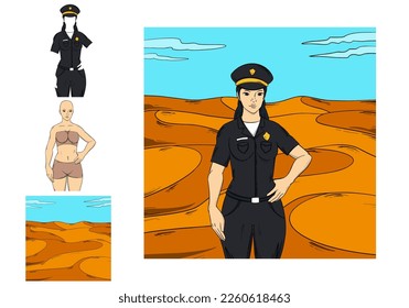 police woman on desert. police girl illustration 