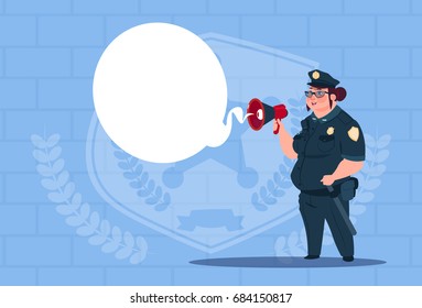 Police Woman Planning Action On White Board Wearing Uniform Female Guard On Blue Bricks Background Flat Vector Illustration