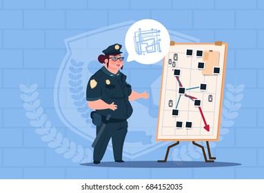 Police Woman Planning Action On White Board Wearing Uniform Female Guard On Blue Bricks Background Flat Vector Illustration