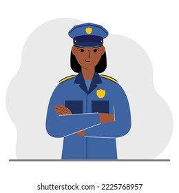 Mujer policía. Policía de profesión, guardia de seguridad, patrullero con uniforme. Ilustración plana del vector