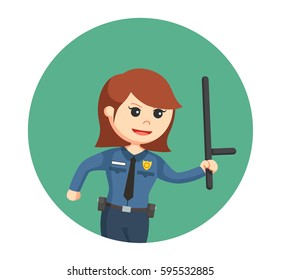 police woman running and holding baton stick in circle background