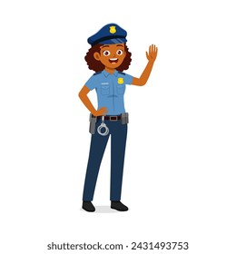 police woman standing and waving hand