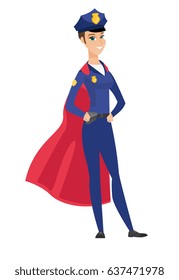 Police woman wearing red superhero cloak. Full length of police woman dressed as superhero. Powerful police woman superhero in red cloak. Vector flat design illustration isolated on white background.