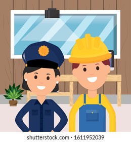 police woman and worker office desk potted plant window vector illustration