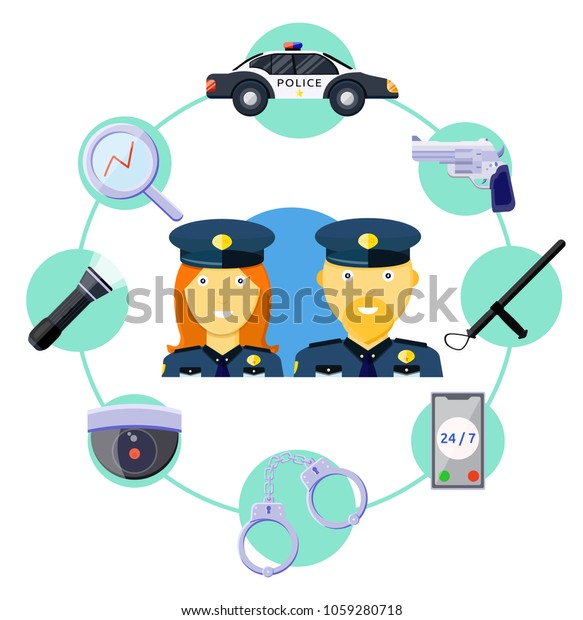 Police work icons preventive measures equipment set\
around the clock concept. Smile male, female police officers.\
Police car handcuffs gun phone camera \
Flat vector illustration\
isolated on white. 