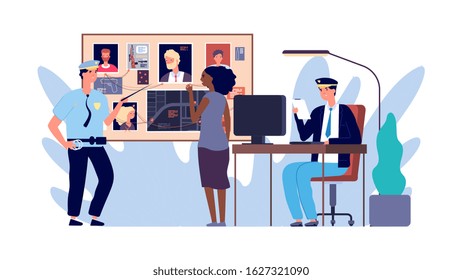 Police at work. Investigator, detectives investigating crime. Identification criminal vector illustration