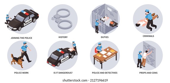 Police work isometric compositions with policemen on duties in prison in office outdoors with dog and on criminal detention isolated vector illustration