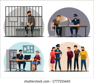 Police work scenes set. Arrested man sitting behind bars. Police officer interrogates suspect. Victim woman at detective. Girl points to criminal, identifies. Vector character illustration