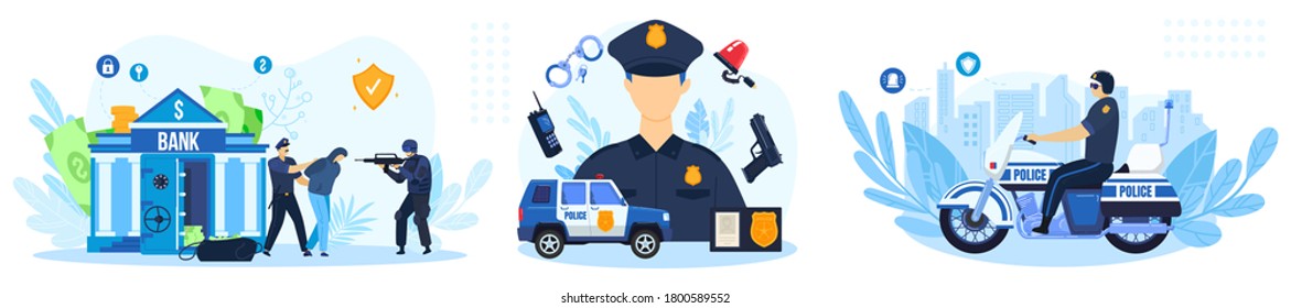 Police work vector illustration set. Cartoon flat policeman character working, policeofficer patrol people arrest thief, security officers protect bank from criminal attack robbery isolated on white