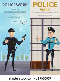 Police work vertical banners with policeman near prison cell and officer of special forces on street vector illustration