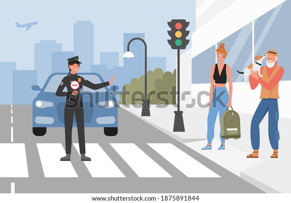 Police worker on street road vector\
illustration. Cartoon traffic police officer woman character\
wearing uniform, holding warning sign to stop car and pedestrians\
people, policeman work\
background