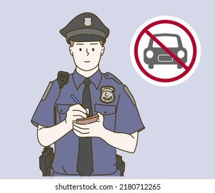 The police are writing the fines for parking in a no-parking area. Hand drawn in thin line style, vector illustrations.