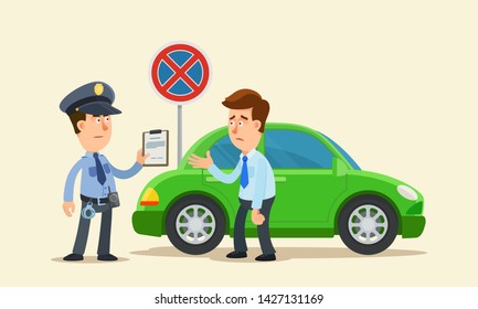 Police writing a parking fine to a car parked in a prohibited place. Driver is very disappointed. Vector illustration, flat design, cartoon style. Side view. Isolated background.