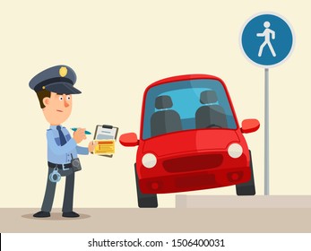 Police writing a parking fine to a car parked in a parked on a pedestrian walkway. Vector illustration, flat design, cartoon style. Front view. Isolated background.