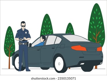 Police writing a parking fine to a car parked in a prohibited place. Driver is very disappointed. Vector illustration. Man and police officer. Policeman writes out fine for wrong place parking. 2336