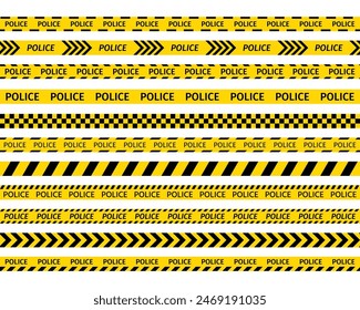 Police yellow tapes. Seamless striped security ribbons. Set warning tapes lines for restriction of criminal accident zones. Barrier borders for crime places on white background. Vector illustration.