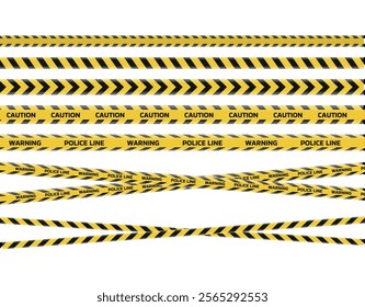 Police yellow tapes. Seamless striped security ribbons. Set warning tapes lines for restriction of criminal accident zones. Barrier borders for crime places on white background. Vector illustration.