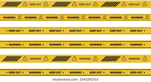 Police yellow tapes. Seamless striped security ribbons. Set warning tapes lines for restriction of criminal accident zones. Barrier borders for crime places on white background. Vector illustration.