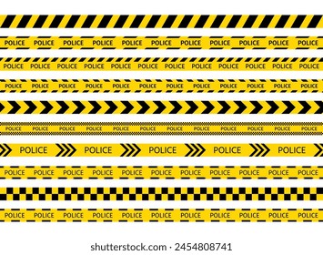 Police yellow tapes. Striped security ribbons for crime places. Set warning tapes lines for restriction of criminal accident zones. Seamless barrier borders on white background. Vector illustration.