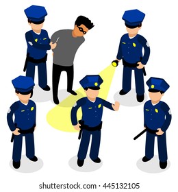 Policeman actions flat isometric 3d illustration. 