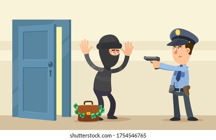 A policeman aim a pistol at a thief near open door of apartment home. Police officer caught a robber in the house. The criminal raised hands up. Vector illustration, flat design, cartoon style.