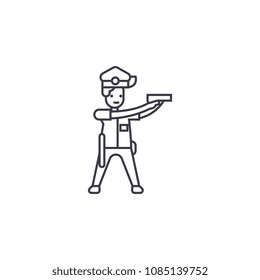 policeman aiming vector line icon, sign, illustration on background, editable strokes