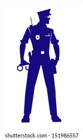 Policeman with the alert standing position holding a Handcuffs at the right hand. full body silhouette. Policeman silhouette.  Policeman isolated .