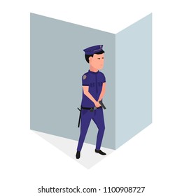 Policeman in ambush, in action (vector, illustration)