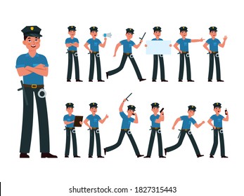 Policeman. American cop in uniform at different poses, writing fine, running, standing, holding gun and placard, police officer prevention and detection of crime cartoon vector isolated character set