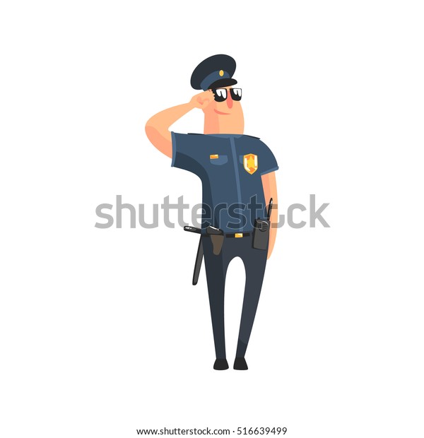 警棒 ラジオ 銃のホルスター サングラスが注意を浴びて立つ米国の警官服を着た警官 のベクター画像素材 ロイヤリティフリー