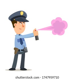 Policeman applies neuroparalytic gas against a criminal. Police officer hold pepper gas spray can. Vector illustration, flat design, cartoon style character. Isolated on white background.