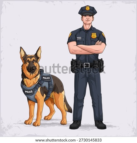 Policeman with arms crossed standing next to German Shepherd police dog in tactical vest, K9 unit law enforcement partners illustration.
