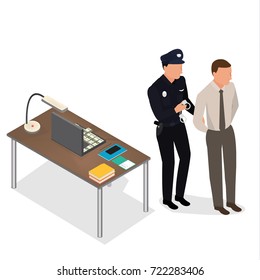 Policeman arrest businessman for corruption crime and puts on handcuffs. Vector isometric scene: policeman, criminal,  handcuffs, suitcase full of money. Isometric people. - stock vector