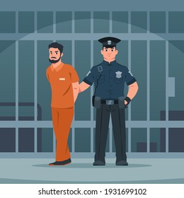 Policeman arrest thief. Cartoon police officer and caught bandit. Policeman escorts criminal to jail. Jailer leads convicted man to prison cell. Lawbreaker punishment. Vector scene of imprisonment