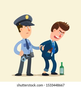 Policeman arrested the drunk man, troublemaker. Police officer hold hand of angry and aggressive drunkard. Vector illustration, flat design cartoon style. Isolated background.