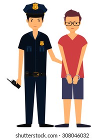 Policeman arrested the offender. Young angry man in handcuffs. Vector illustration

