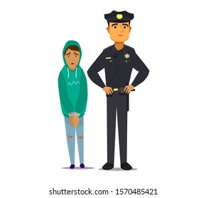 A policeman arrested a young criminal. Vector illustration in cartoon style.