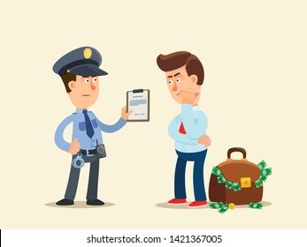 Policeman arresting businessman, financial rogue with big bag of money. Financial crimes. Vector illustration, flat cartoon style. Isolated background.