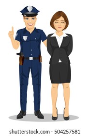 Policeman arresting businesswoman. White collar criminal isolated white background