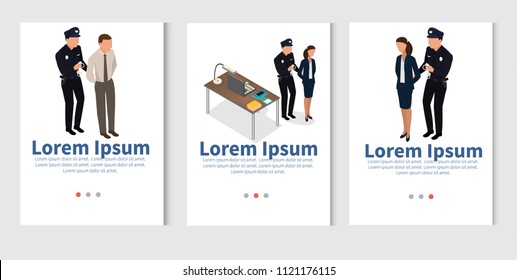 The policeman arrests the offender and puts on handcuffs. vector isometric scene: policeman, criminal,  handcuffs. Isometric people. - stock vector