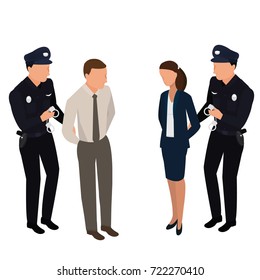 The policeman arrests the offender and puts on handcuffs. vector isometric scene: policeman, criminal,  handcuffs. Isometric people. - stock vector