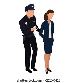 The policeman arrests the offender and puts on handcuffs. vector isometric scene: policeman, criminal,  handcuffs. Isometric people. - stock vector