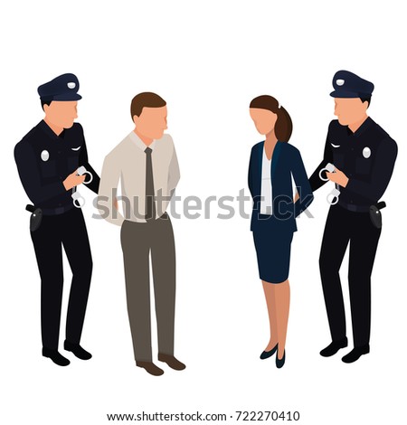 The policeman arrests the offender and puts on handcuffs. vector isometric scene: policeman, criminal,  handcuffs. Isometric people. - stock vector