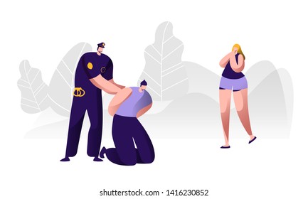 Policeman Arrests Thief. Cop in Uniform on Duty at Work, Law Protection Concept, Professional Safety Control, Police Officer Put Handcuffs on Offender Hands, Witness. Cartoon Flat Vector Illustration