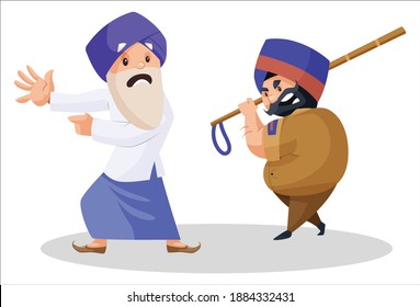 Policeman is attacking the Punjabi old man with a stick. Vector graphic illustration. Individually on a white background.
